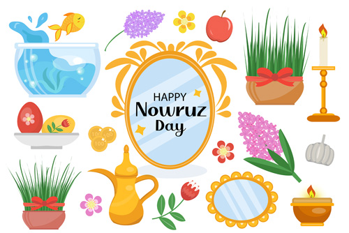 وکتور EPS لایه باز طرح گرافیکی و کارتونی سفره هفت سین شامل سبزه و تخم مرغ رنگی و شمع و ماهی و سیب و سکه و سنجد و گل سنبل ویژه عید نوروز